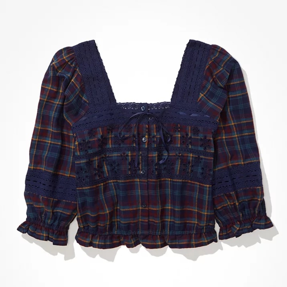 AE Plaid Lace Puff-Sleeve Blouse
